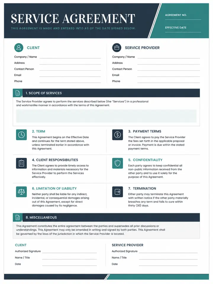 Service Contract editable PDF template preview