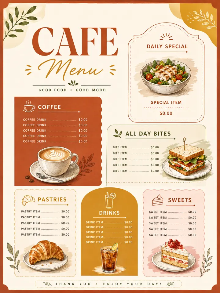 Casual Menu editable PDF template preview