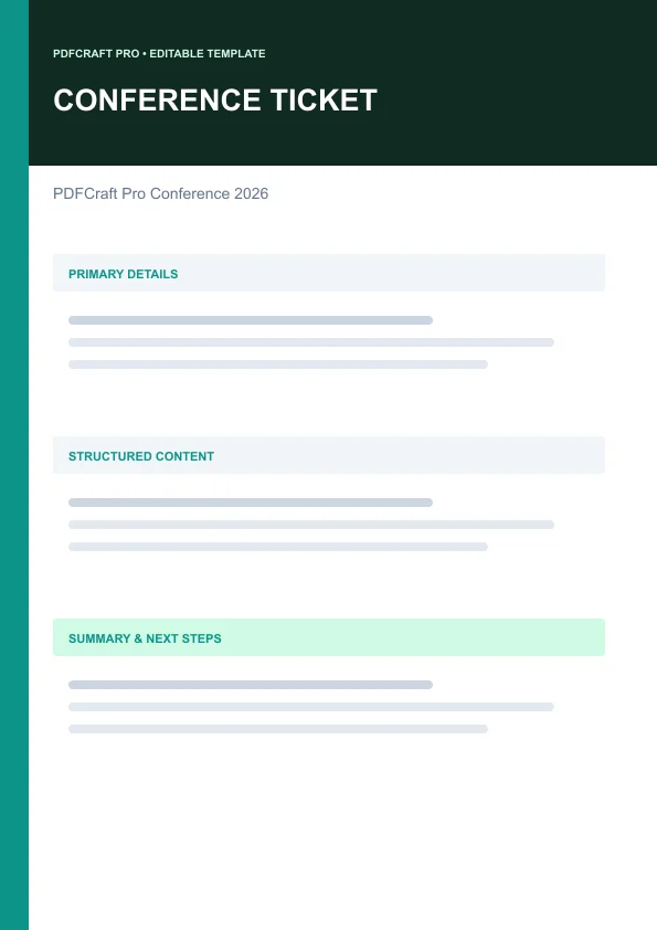 Conference Ticket editable PDF template preview