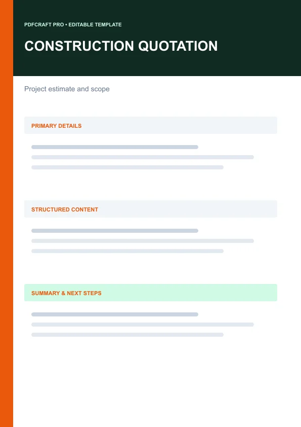 Construction Quotation editable PDF template preview