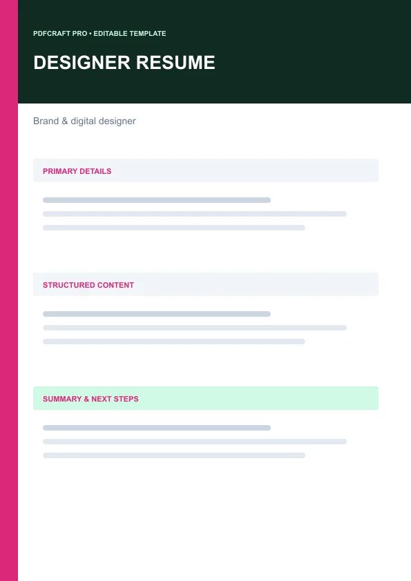 Designer Resume editable PDF template preview