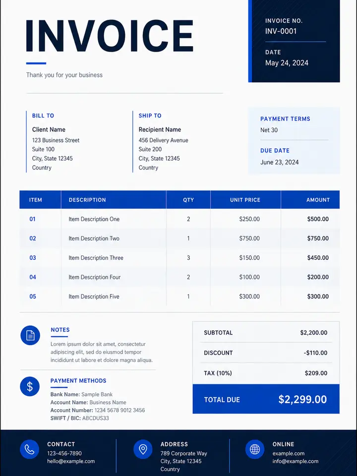 Professional Invoice editable PDF template preview