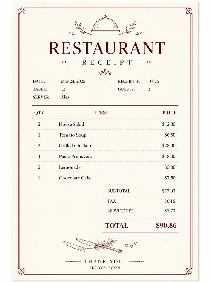 Restaurant Receipt editable PDF template preview