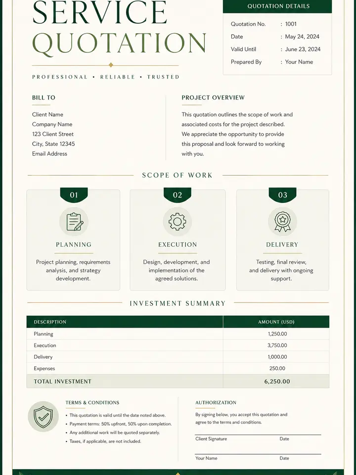 Service Quotation editable PDF template preview